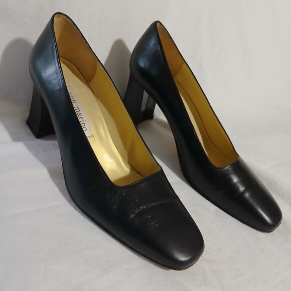 VTG Ann Marino 6 1/2 Black Leather Square-Toe 3" Heel Block Heel Classic - Picture 3 of 14